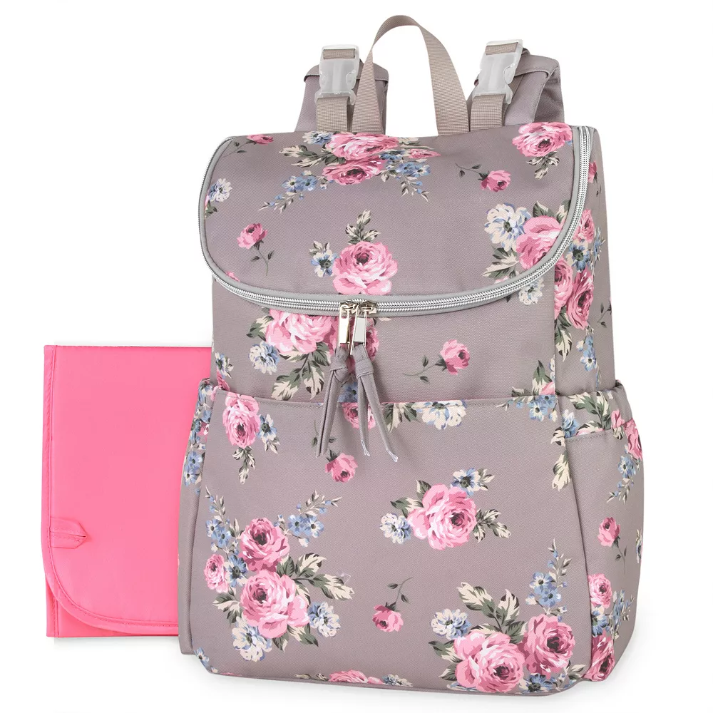 Baby Essentials Multi-Function Floral Diaper Backpack And Travel Nappy Baby Bag With Changing Pad And Stroller Straps